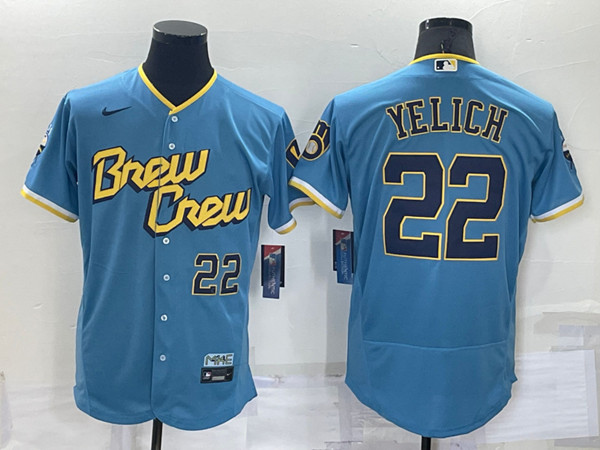 Men's Milwaukee Brewers #22 Christian Yelich Powder Blue 2022 City Connect Flex Base Stitched MLB Jersey